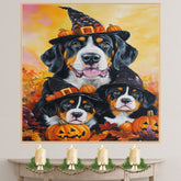 Greater Swiss Mountain Dog Halloween Canvas Wall Art with Pumpkins and Witch Hats Rustic Fall Farmhouse Decor on Ready to Hang 1.5" Thick Canvas Wrap, Floating Framed Canvas, Flat Rolled Canvas